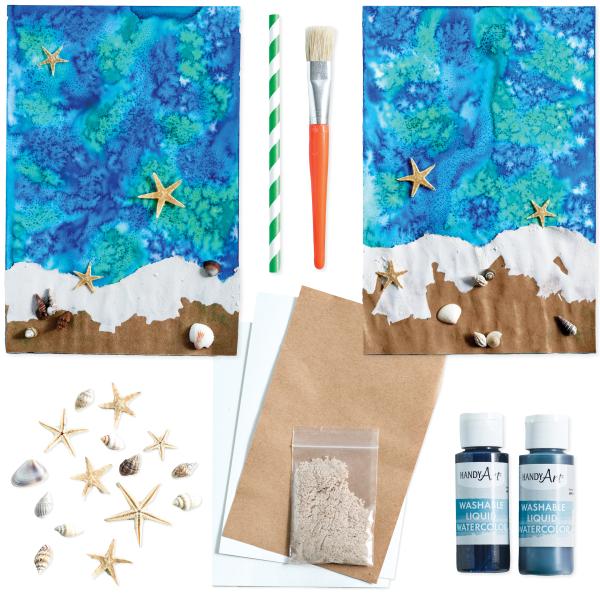 Wet on wet Ocean Shore craft for kids with blown paint